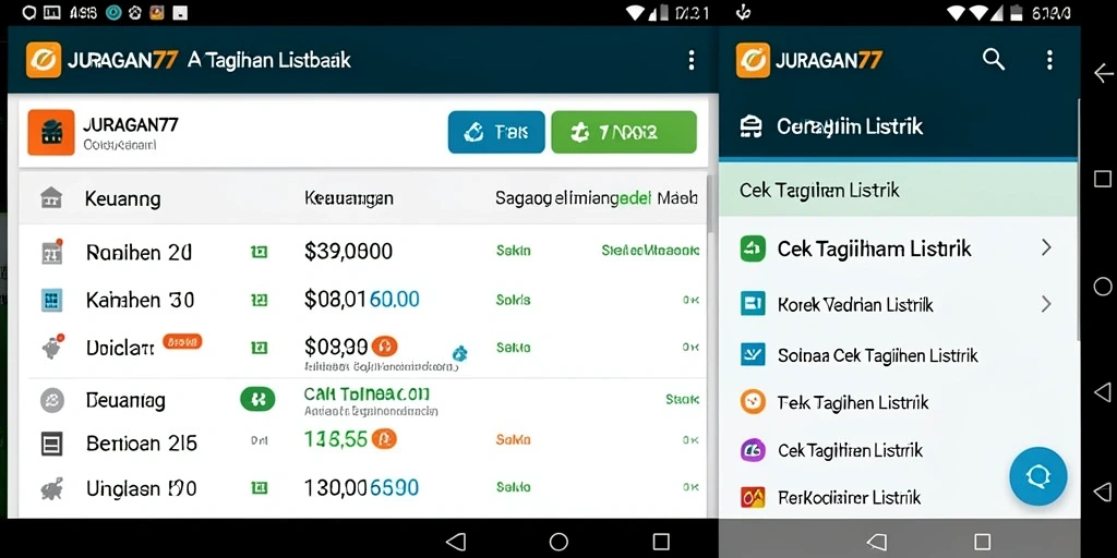 Antarmuka aplikatif JURAGAN77 untuk cek tagihan listrik.