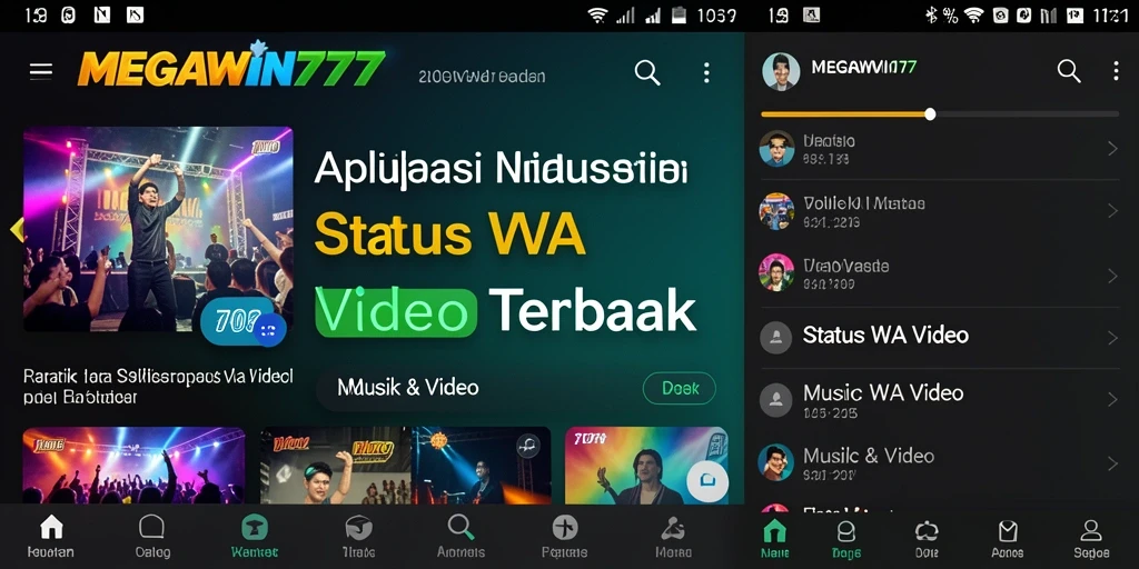 Antarmuka aplikasi MEGAWIN777 yang menunjukkan koleksi Status WA Video.