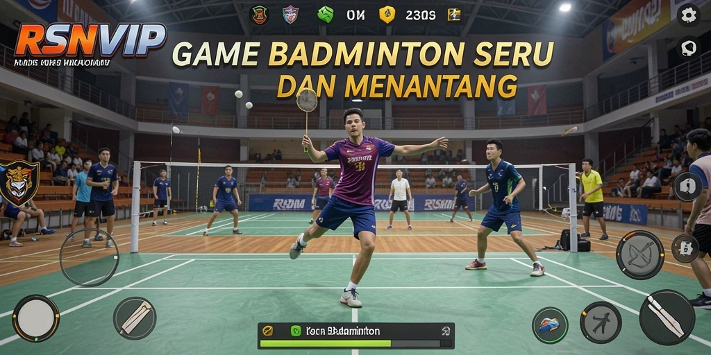 Tampilan antarmuka permainan Badminton yang menarik dan interaktif.