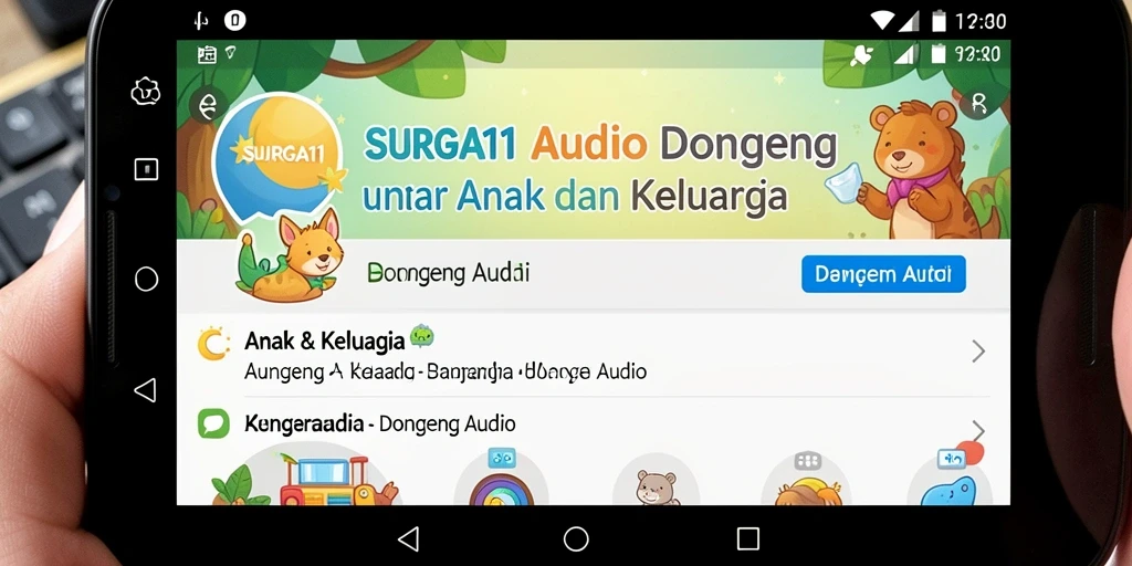 Antarmuka menarik aplikasi SURGA11 dengan pilihan dongeng audio yang beragam.
